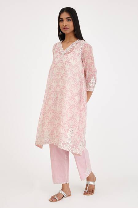 Shop_Kora_Pink , Satin Lace, Gota Patti, Chanderi Hand Block Print Kurta Set _Online_at_Aza_Fashions