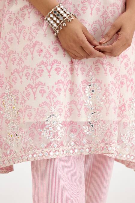 Buy_Kora_Pink , Satin Lace, Gota Patti, Chanderi Hand Block Print Kurta Set 