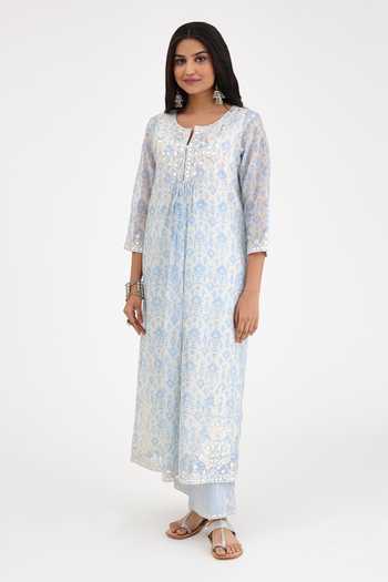 Kora Blue , Satin, Chanderi Gota Patti, Ikat Printed Kurta Set Online at Aza Fashions Kora_Blue , Satin, Chanderi Gota Patti, Ikat Printed Kurta Set _Online_at_Aza_Fashions