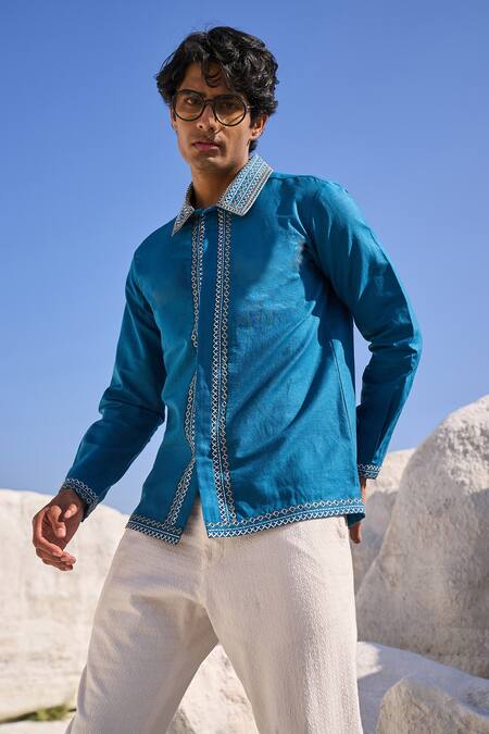 Shop_Dash and Dot_Blue 100% Organic Cotton Embroidery Cross Stitch Placket Shirt _Online_at_Aza_Fashions