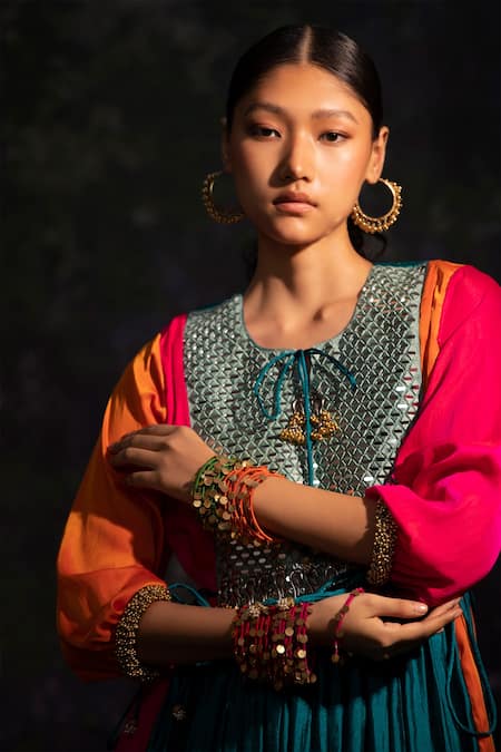 Shop 5elements Multi Color Viscose Embroidery Mirror Round Neck Block Anarkali With Pant Online at Aza Fashions Shop_5elements_Multi Color Viscose Embroidery Mirror Round Neck Block Anarkali With Pant _Online_at_Aza_Fashions