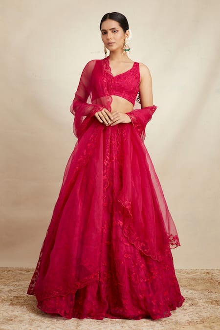 Astha Narang_Pink Organza Embroidery V-neck Floral Bridal Lehenga Set _Online_at_Aza_Fashions