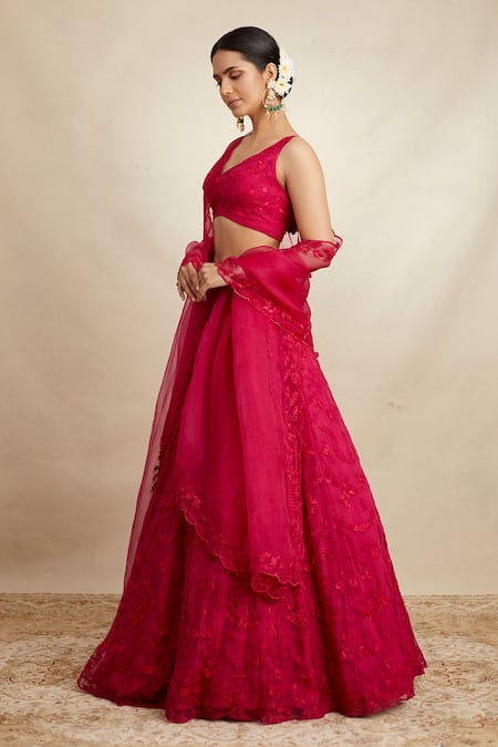 Buy_Astha Narang_Pink Organza Embroidery V-neck Floral Bridal Lehenga Set _Online_at_Aza_Fashions