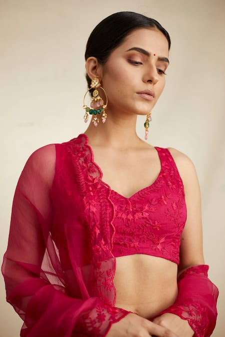 Shop_Astha Narang_Pink Organza Embroidery V-neck Floral Bridal Lehenga Set _Online_at_Aza_Fashions