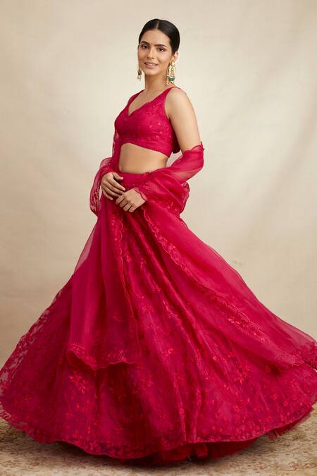 Astha Narang_Pink Organza Embroidery V-neck Floral Bridal Lehenga Set _at_Aza_Fashions