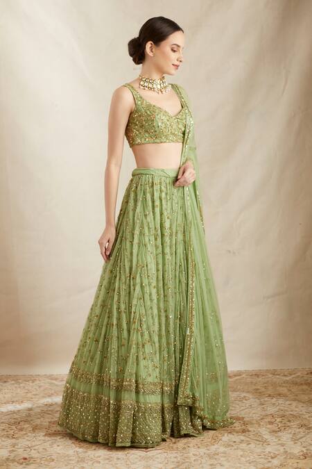 Shop_ASTHA NARANG_Green Nylon, Net, Crepe Embroidery, Sequins, Cut Botanical Bridal Lehenga Set _Online_at_Aza_Fashions
