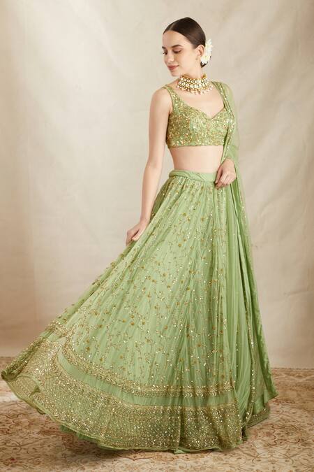 ASTHA NARANG_Green Nylon, Net, Crepe Embroidery, Sequins, Cut Botanical Bridal Lehenga Set _at_Aza_Fashions