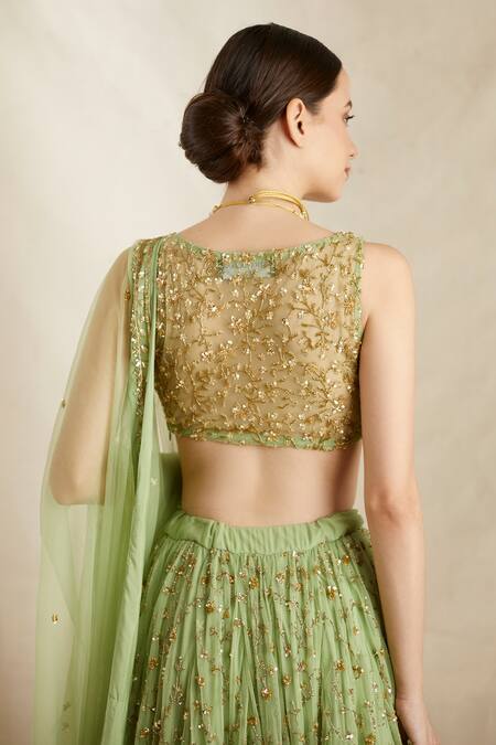 Buy_ASTHA NARANG_Green Nylon, Net, Crepe Embroidery, Sequins, Cut Botanical Bridal Lehenga Set 