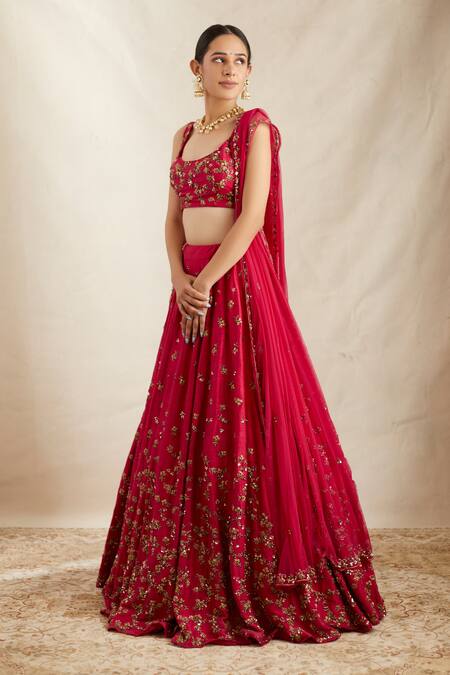 Buy ASTHA NARANG Pink Net, Silk Embroidery, Cut Work, Sequins Raw Floral Bridal Lehenga Set Buy_ASTHA NARANG_Pink Net, Silk Embroidery, Cut Work, Sequins Raw Floral Bridal Lehenga Set