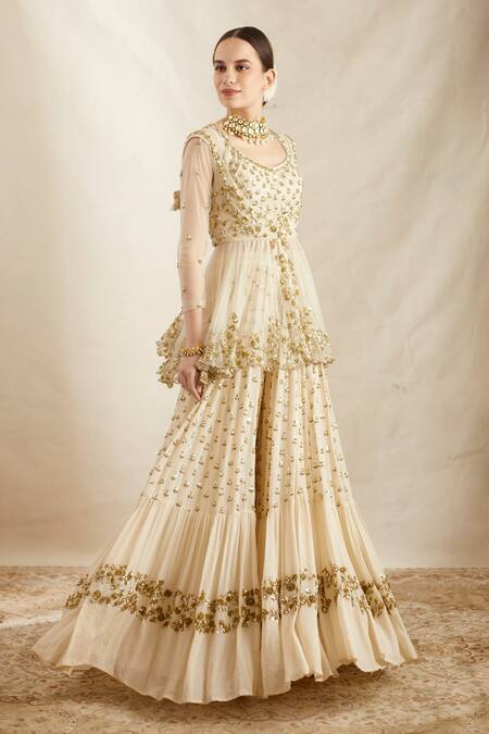 Shop_Astha Narang_Off White Net, Georgette Sequins, Floral Embroidered Peplum Jacket Sharara Set _Online_at_Aza_Fashions