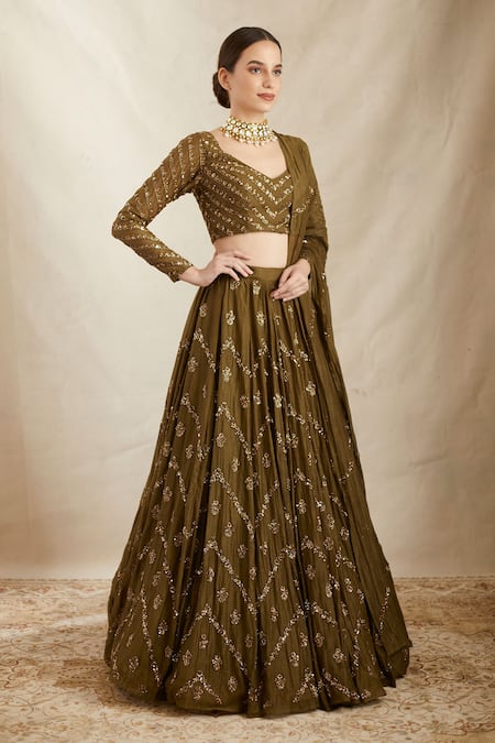Astha Narang Green Chanderi Silk Embroidery, Cut Work, Sequins Chevron Bridal Lehenga Set Online at Aza Fashions Astha Narang_Green Chanderi Silk Embroidery, Cut Work, Sequins Chevron Bridal Lehenga Set _Online_at_Aza_Fashions