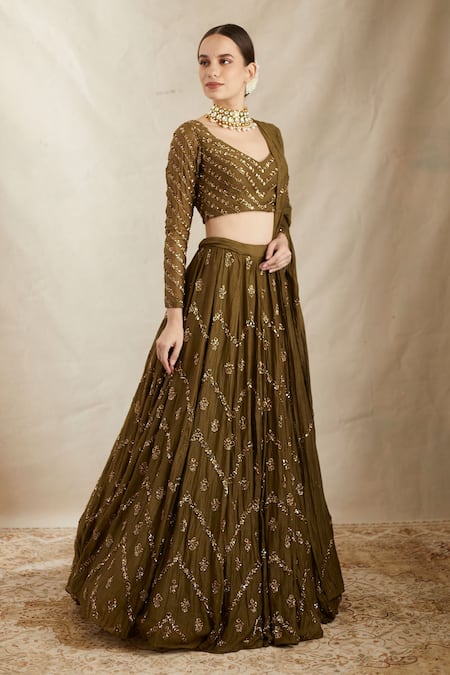 Buy Astha Narang Green Chanderi Silk Embroidery, Cut Work, Sequins Chevron Bridal Lehenga Set Online at Aza Fashions Buy_Astha Narang_Green Chanderi Silk Embroidery, Cut Work, Sequins Chevron Bridal Lehenga Set _Online_at_Aza_Fashions