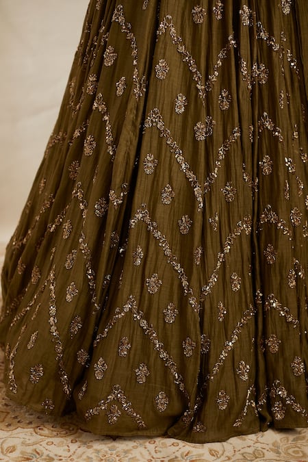 Shop Astha Narang Green Chanderi Silk Embroidery, Cut Work, Sequins Chevron Bridal Lehenga Set Online at Aza Fashions Shop_Astha Narang_Green Chanderi Silk Embroidery, Cut Work, Sequins Chevron Bridal Lehenga Set _Online_at_Aza_Fashions