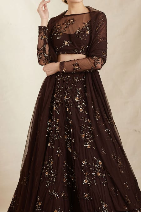 Astha Narang_Brown Net, Crepe Sequins, Embroidery, Cut Work Round Neck Botanic Lehenga Set _at_Aza_Fashions
