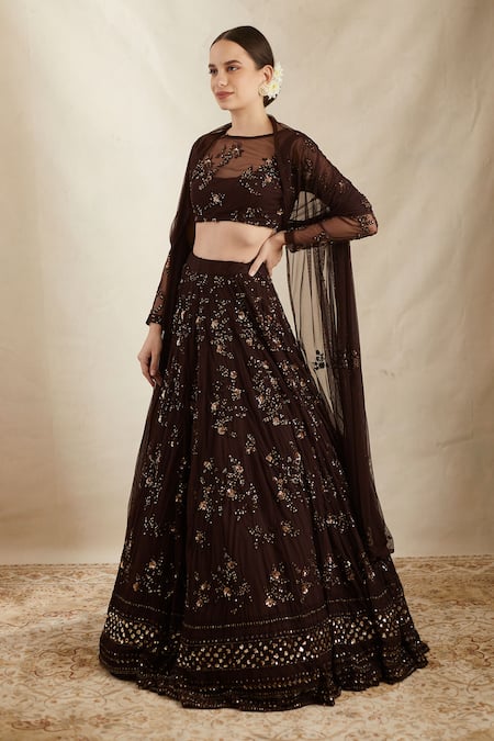 Astha Narang_Brown Net, Crepe Sequins, Embroidery, Cut Work Round Neck Botanic Lehenga Set _Online_at_Aza_Fashions