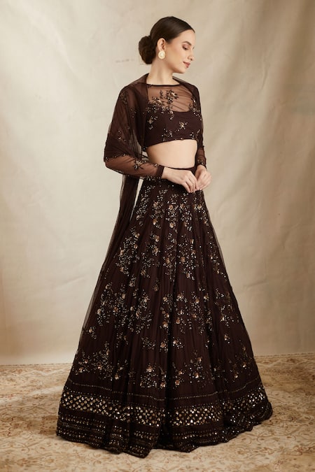 Buy_Astha Narang_Brown Net, Crepe Sequins, Embroidery, Cut Work Round Neck Botanic Lehenga Set _Online_at_Aza_Fashions