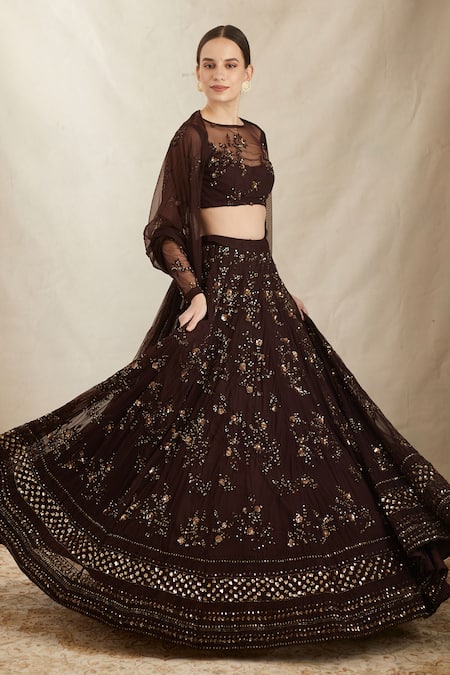 Shop_Astha Narang_Brown Net, Crepe Sequins, Embroidery, Cut Work Round Neck Botanic Lehenga Set _Online_at_Aza_Fashions
