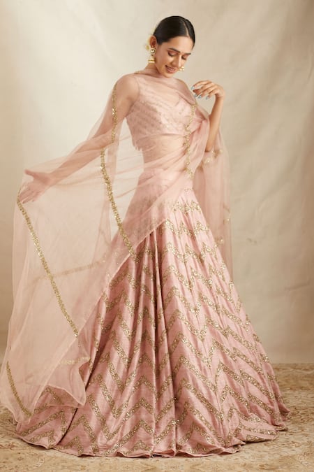 Buy_Astha Narang_Pink Silk, Net Sequins, Cut Work, Embroidery V-neck Raw Chevron Lehenga Set _Online_at_Aza_Fashions