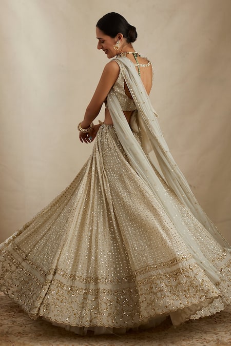 Buy Astha Narang Green Chanderi Silk Sequins V-neck Sitara Embroidered Bridal Lehenga Set Online at Aza Fashions Buy_Astha Narang_Green Chanderi Silk Sequins V-neck Sitara Embroidered Bridal Lehenga Set _Online_at_Aza_Fashions