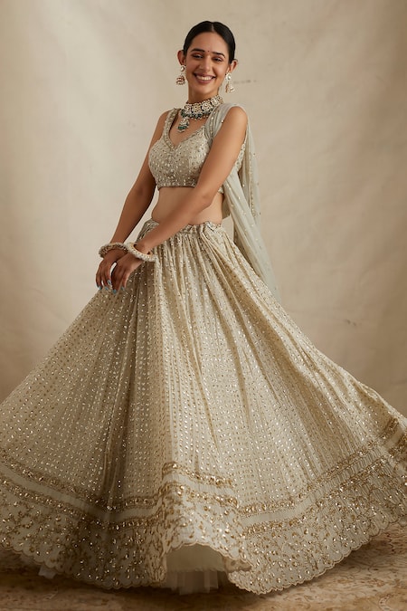 Shop Astha Narang Green Chanderi Silk Sequins V-neck Sitara Embroidered Bridal Lehenga Set Online at Aza Fashions Shop_Astha Narang_Green Chanderi Silk Sequins V-neck Sitara Embroidered Bridal Lehenga Set _Online_at_Aza_Fashions