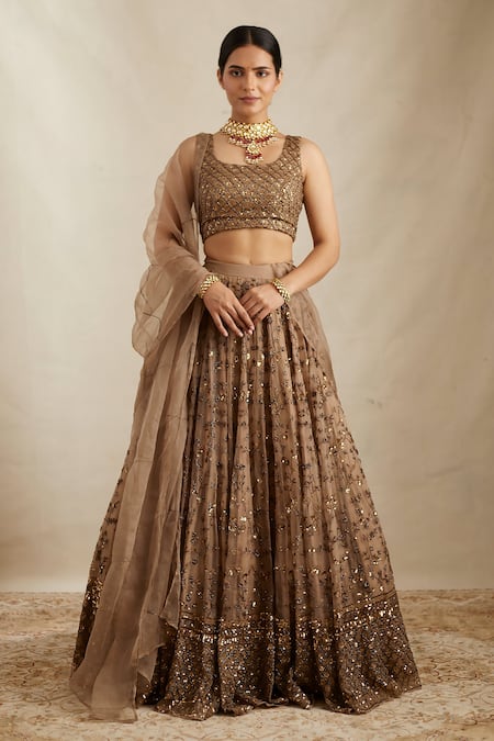 Astha Narang_Brown Organza Sequins, Cut Work Round Neck Floral Embroidered Bridal Lehenga Set _Online_at_Aza_Fashions