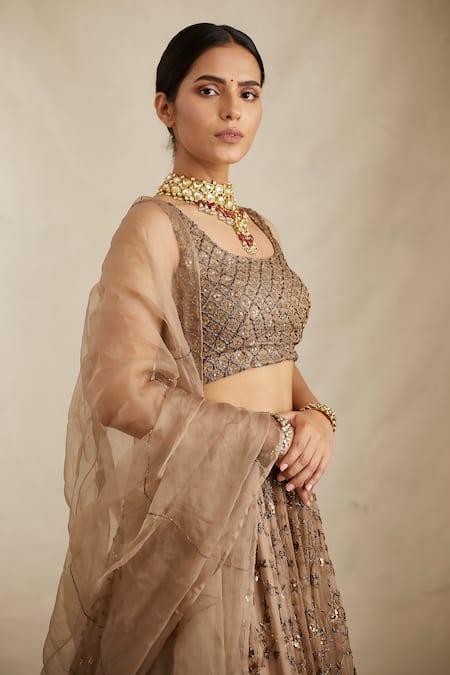 Buy_Astha Narang_Brown Organza Sequins, Cut Work Round Neck Floral Embroidered Bridal Lehenga Set _Online_at_Aza_Fashions