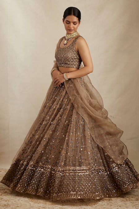 Shop_Astha Narang_Brown Organza Sequins, Cut Work Round Neck Floral Embroidered Bridal Lehenga Set _Online_at_Aza_Fashions