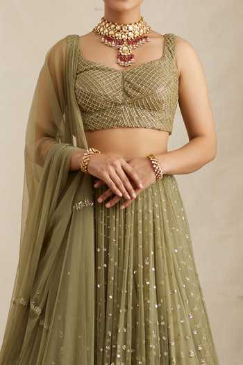 ASTHA NARANG Green Net, Crepe, Nylon Embroidery, Sequins V-neck Botanic Bridal Lehenga Set Online at Aza Fashions ASTHA NARANG_Green Net, Crepe, Nylon Embroidery, Sequins V-neck Botanic Bridal Lehenga Set _Online_at_Aza_Fashions