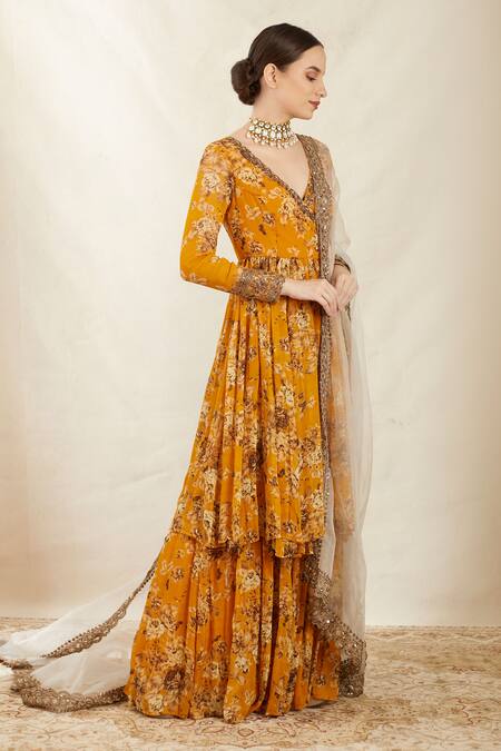 Buy Astha Narang Yellow Organza, Crepe, Georgette V Neck Printed Angarkha Gharara Set Online at Aza Fashions Buy_Astha Narang_Yellow Organza, Crepe, Georgette V Neck Printed Angarkha Gharara Set _Online_at_Aza_Fashions