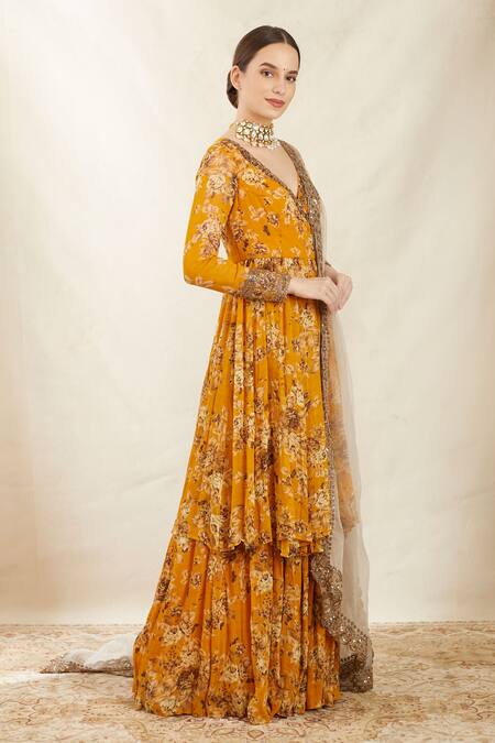 Astha Narang Yellow Organza, Crepe, Georgette V Neck Printed Angarkha Gharara Set Online at Aza Fashions Astha Narang_Yellow Organza, Crepe, Georgette V Neck Printed Angarkha Gharara Set _Online_at_Aza_Fashions