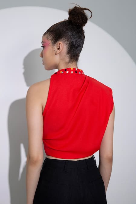 Shop Pocketful Of Cherrie Red Crepe Embroidery High Neck Thread Top Online at Aza Fashions Shop_Pocketful Of Cherrie_Red Crepe Embroidery High Neck Thread Top_Online_at_Aza_Fashions