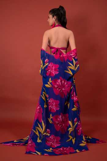 Rimi Nayak_Blue Organza Embroidery Open Neck Chrysanthemum Floral Print Overlay _Online_at_Aza_Fashions