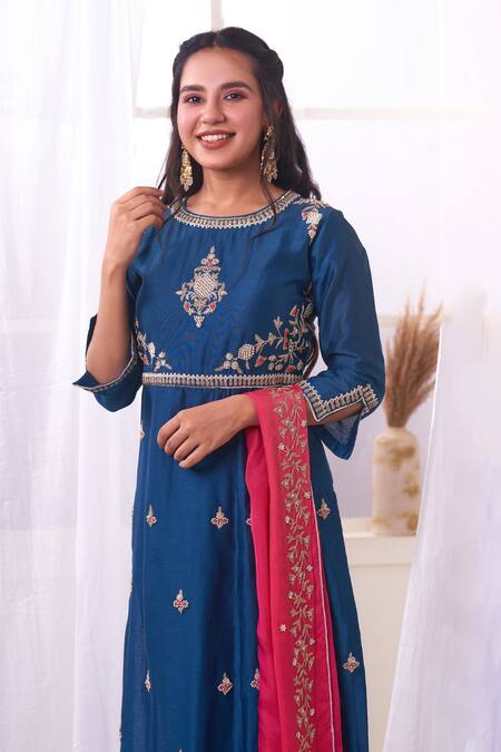 Geetika Jain Blue Chanderi, Silk Organza Diamonds, Embroidery Hand A-line Kurta Pant Set Online at Aza Fashions Geetika Jain_Blue Chanderi, Silk Organza Diamonds, Embroidery Hand A-line Kurta Pant Set_Online_at_Aza_Fashions