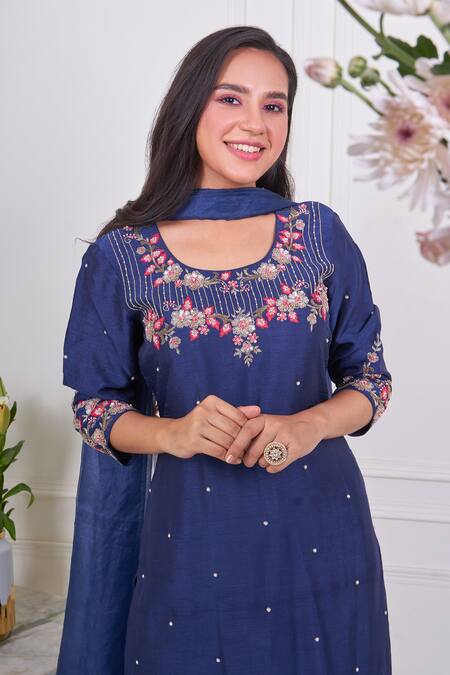 Geetika Jain_Blue Silk, Viscose, Organza Sequins, Cut Work, Resham Hand Kurta Pant Set _Online_at_Aza_Fashions