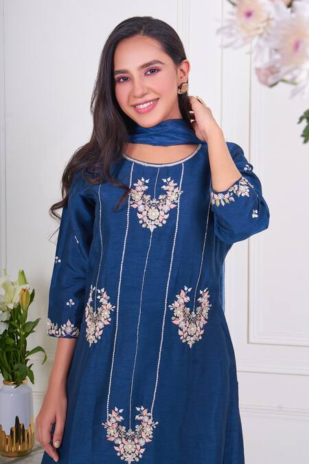 Geetika Jain_Blue Silk, Viscose, Organza Pearls, Diamonds, Embroidery Hand Kurta Pant Set_Online_at_Aza_Fashions