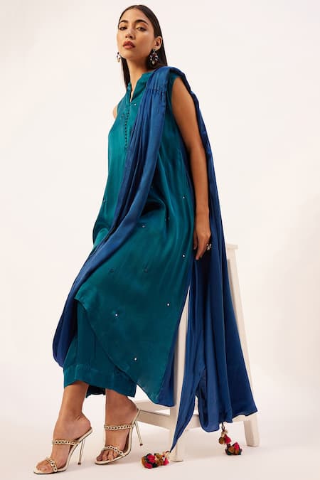 Zariya The Label Blue Modal, Cotton Split V-neck Attached Drape Kurta With Pant at Aza Fashions Zariya The Label_Blue Modal, Cotton Split V-neck Attached Drape Kurta With Pant _at_Aza_Fashions