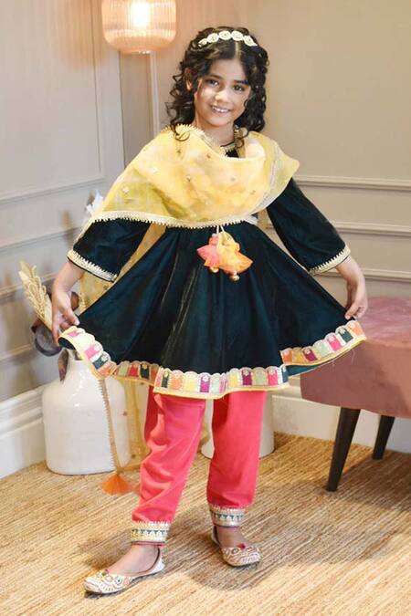 Fayon Kids Blue Velvet, Organza Tassels Embroidered Hem Kurta Pant Set Online at Aza Fashions Fayon Kids_Blue Velvet, Organza Tassels Embroidered Hem Kurta Pant Set _Online_at_Aza_Fashions