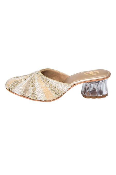 Kkarma Accessories_Gold Embroidery Zardozi Block Heels _Online_at_Aza_Fashions