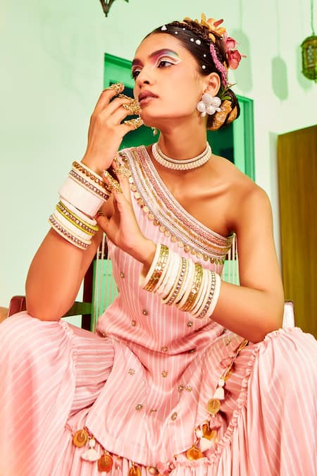 Shop Mona And Vishu Pink Modal Satin Cut Dana, Stripe Print, Zardozi And Kurta Tiered Sharara Set Online at Aza Fashions Shop_Mona And Vishu_Pink Modal Satin Cut Dana, Stripe Print, Zardozi And Kurta Tiered Sharara Set _Online_at_Aza_Fashions