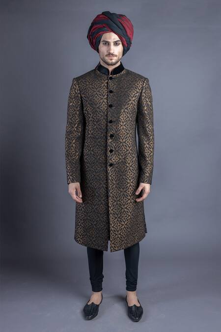 Abhishek Gupta_Black Cotton Silk Pintuck Sherwani And Kurta Set  _Online_at_Aza_Fashions