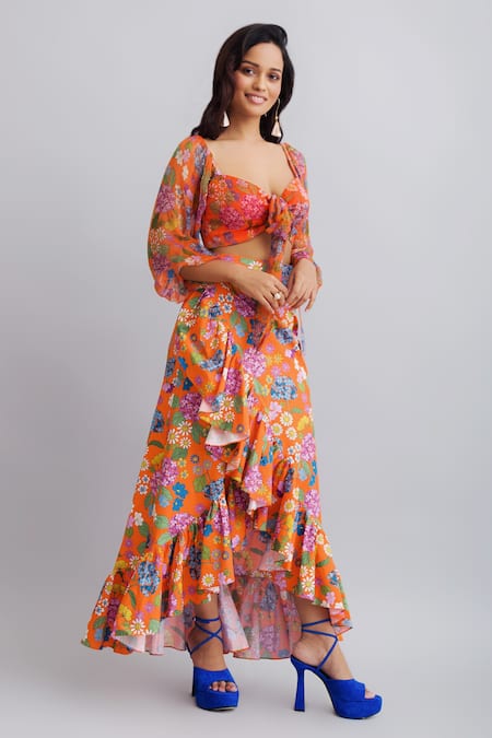 Nautanky_Orange Crop Top Viscose Chiffon, Skirt- 100 % Cotton Floral Print Ruffle Set _Online_at_Aza_Fashions
