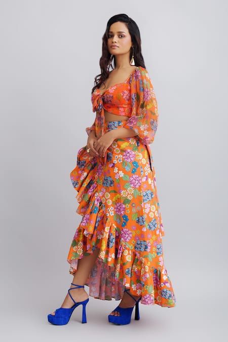 Shop_Nautanky_Orange Crop Top Viscose Chiffon, Skirt- 100 % Cotton Floral Print Ruffle Set _Online_at_Aza_Fashions