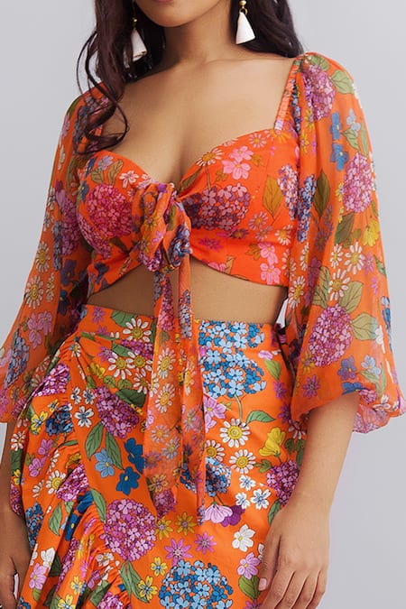 Nautanky_Orange Crop Top Viscose Chiffon, Skirt- 100 % Cotton Floral Print Ruffle Set _at_Aza_Fashions