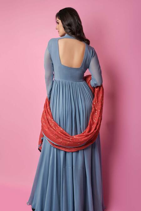 Shop Suruchi Parakh Grey Georgette Floral, Sequin Mandarin Collar Anarkali With Embroidered Dupatta at Aza Fashions Shop_Suruchi Parakh_Grey Georgette Floral, Sequin Mandarin Collar Anarkali With Embroidered Dupatta _at_Aza_Fashions