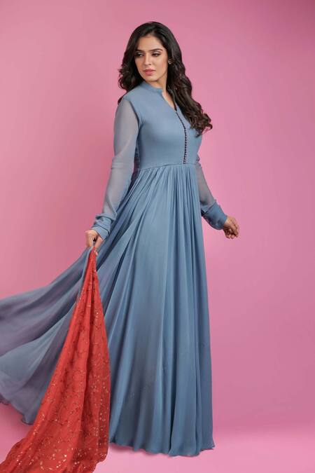 Suruchi Parakh Grey Georgette Floral, Sequin Mandarin Collar Anarkali With Embroidered Dupatta Online at Aza Fashions Suruchi Parakh_Grey Georgette Floral, Sequin Mandarin Collar Anarkali With Embroidered Dupatta _Online_at_Aza_Fashions