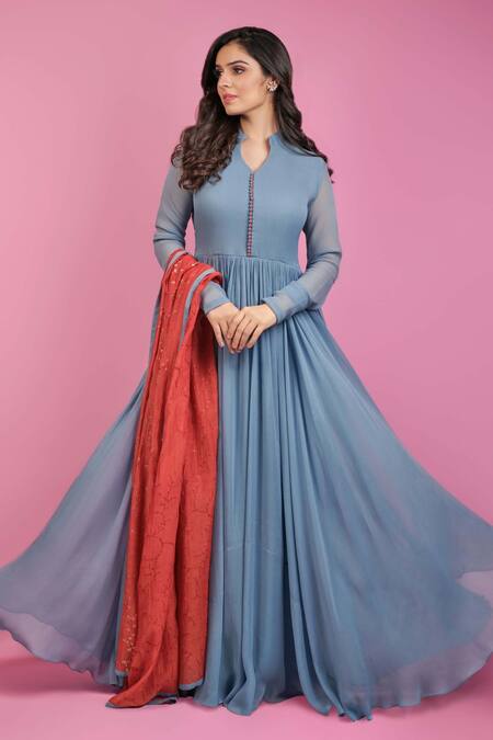 Buy Suruchi Parakh Grey Georgette Floral, Sequin Mandarin Collar Anarkali With Embroidered Dupatta Online at Aza Fashions Buy_Suruchi Parakh_Grey Georgette Floral, Sequin Mandarin Collar Anarkali With Embroidered Dupatta _Online_at_Aza_Fashions