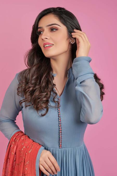 Shop Suruchi Parakh Grey Georgette Floral, Sequin Mandarin Collar Anarkali With Embroidered Dupatta Online at Aza Fashions Shop_Suruchi Parakh_Grey Georgette Floral, Sequin Mandarin Collar Anarkali With Embroidered Dupatta _Online_at_Aza_Fashions