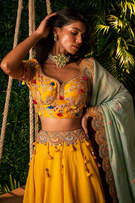 Buy_Pallavi Poddar_Yellow Chanderi, Silk Tassels, Embroidery Boat Neck Ganga Waistband Lehenga Set _Online_at_Aza_Fashions