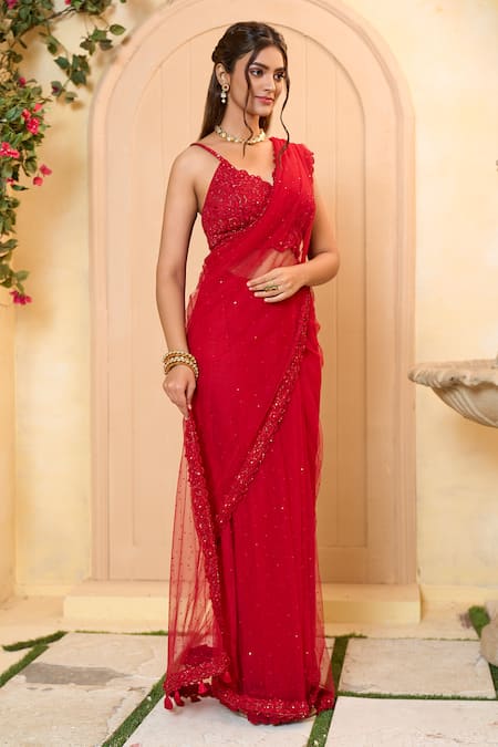 Aariyana Couture_Red Modal, Satin, Silk Sequins, Embroidery V-neck Saree With Blouse_Online_at_Aza_Fashions