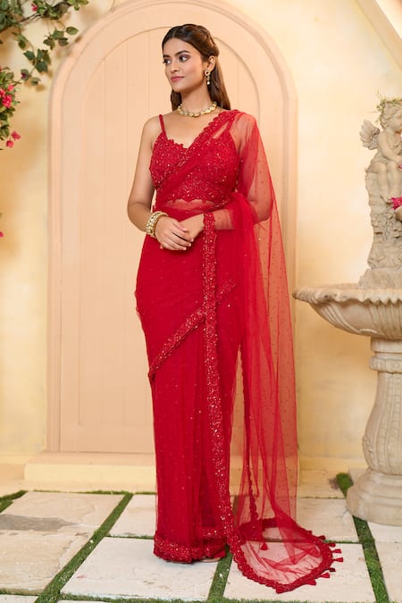 Buy_Aariyana Couture_Red Modal, Satin, Silk Sequins, Embroidery V-neck Saree With Blouse_Online_at_Aza_Fashions